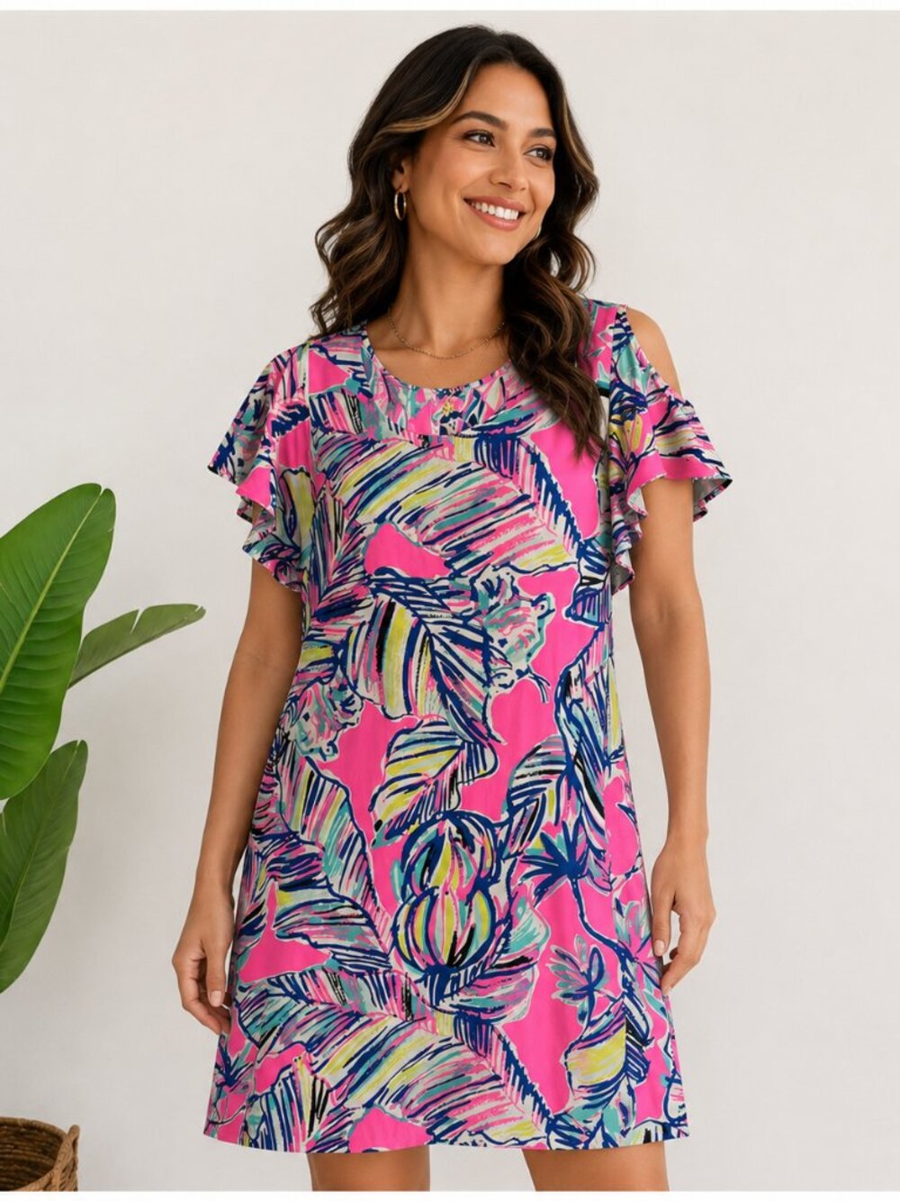 Lilly Pulitzer Pink Tropical Print Cold-Shoulder Ruffle Dress